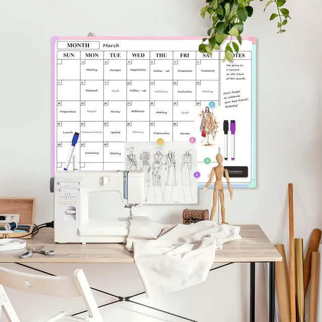 Alt view image 2 of 7 - Monthly Whiteboard Calendar for Wall, 24" x 18" Dry Erase Board with Plastic Frame, Hanging Dry Erase Calendar with 3 Mini Sticky Notes for Kitchen Planner, Memo, Home and Office, Colorful