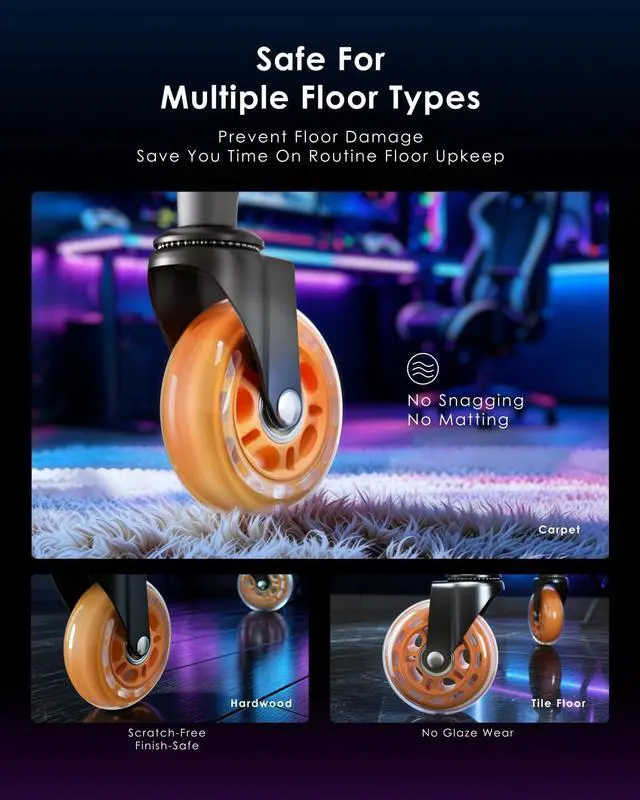 Alt view image 4 of 7 - Gaming Chair Wheels - Heavy-Duty Office Chair Wheels - Replacement Rubber Casters- Universal Fit 3 Inch Chair Casters, Noise Free, Fits 98% Chair, for All Floor