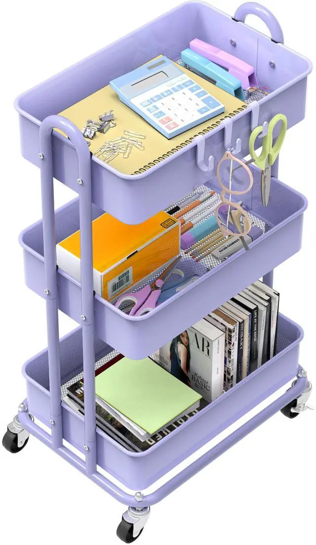 Alt view image 3 of 6 - 3-Tier Heavy Duty Metal Utility Rolling Cart, Purple