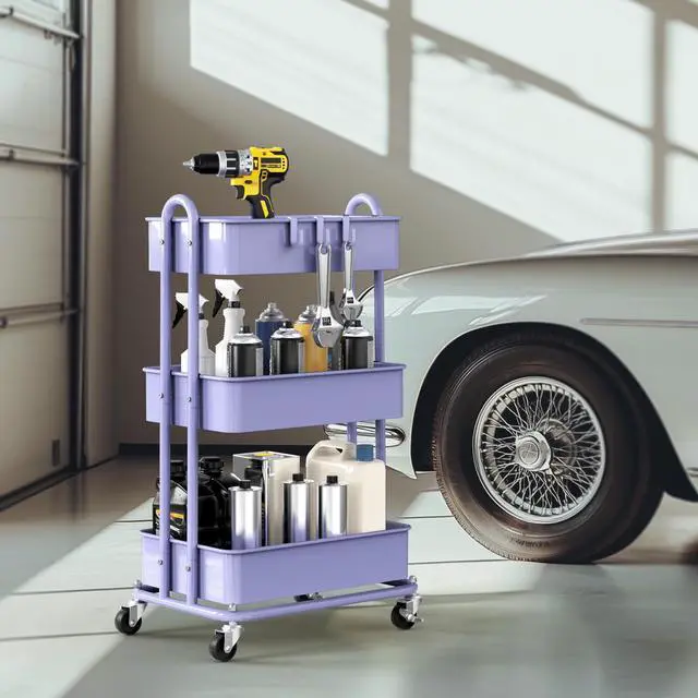 Alt view image 4 of 6 - 3-Tier Heavy Duty Metal Utility Rolling Cart, Purple