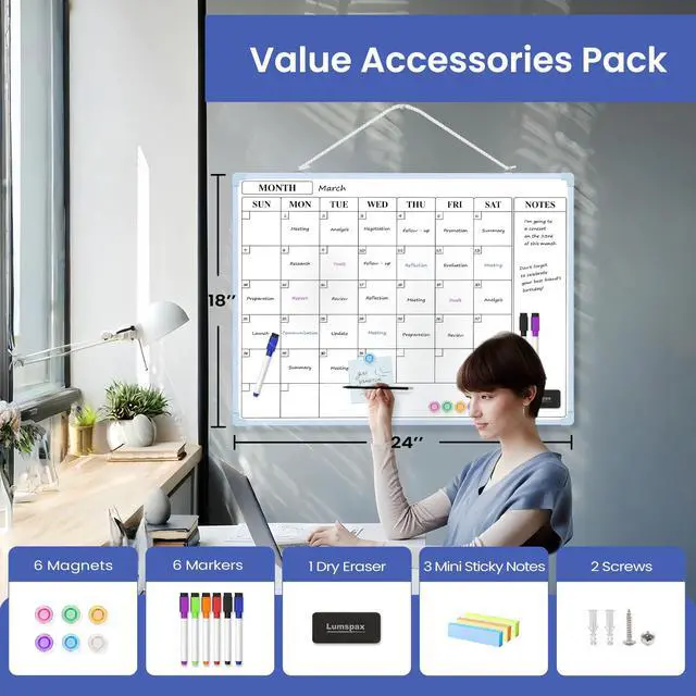 Alt view image 3 of 7 - Monthly Whiteboard Calendar for Wall, 24" x 18" Dry Erase Board with Plastic Frame, Hanging Dry Erase Calendar with 3 Mini Sticky Notes for Kitchen Planner, Memo, Home and Office, Blue
