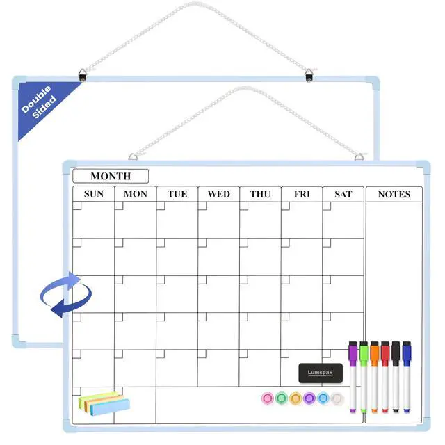 Main image of Monthly Whiteboard Calendar for Wall, 24" x 18" Dry Erase Board with Plastic Frame, Hanging Dry Erase Calendar with 3 Mini Sticky Notes for Kitchen Planner, Memo, Home and Office, Blue