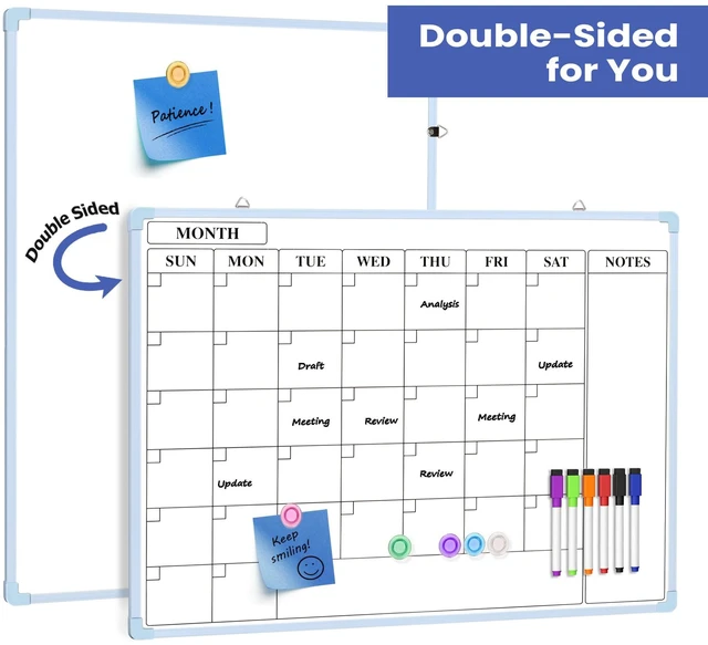 Alt view image 5 of 7 - Monthly Whiteboard Calendar for Wall, 24" x 18" Dry Erase Board with Plastic Frame, Hanging Dry Erase Calendar with 3 Mini Sticky Notes for Kitchen Planner, Memo, Home and Office, Blue