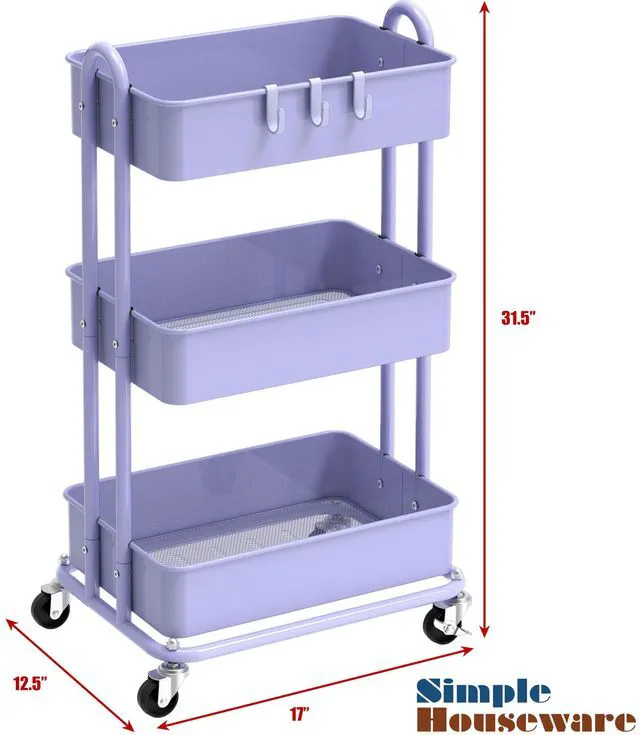 Alt view image 6 of 6 - 3-Tier Heavy Duty Metal Utility Rolling Cart, Purple