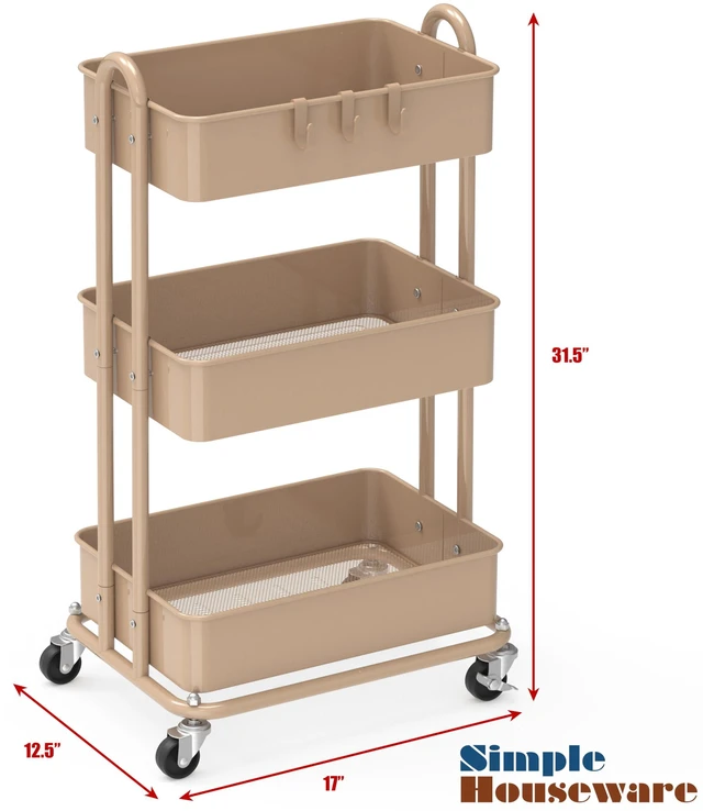 Alt view image 2 of 6 - 3-Tier Heavy Duty Metal Utility Rolling Cart, Khaki