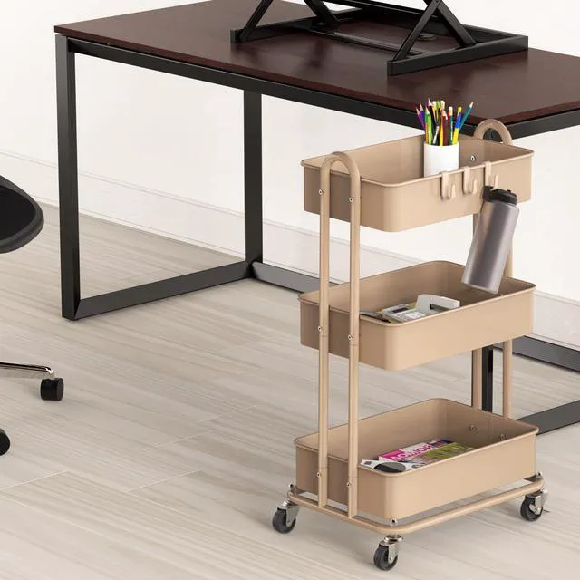 Alt view image 3 of 6 - 3-Tier Heavy Duty Metal Utility Rolling Cart, Khaki