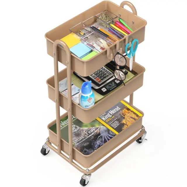 Alt view image 4 of 6 - 3-Tier Heavy Duty Metal Utility Rolling Cart, Khaki