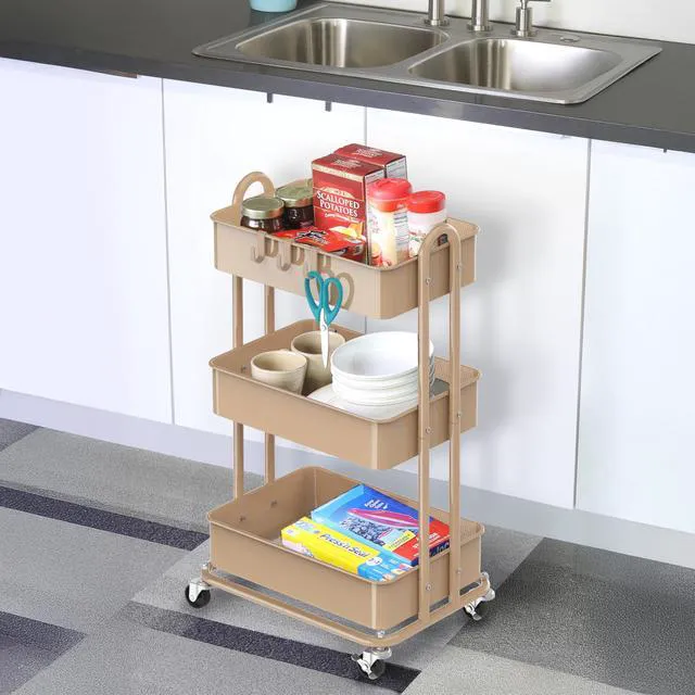 Alt view image 5 of 6 - 3-Tier Heavy Duty Metal Utility Rolling Cart, Khaki