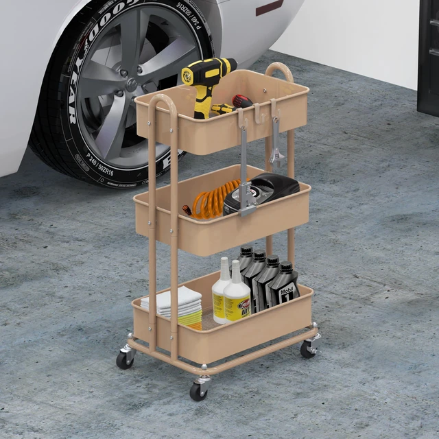 Alt view image 6 of 6 - 3-Tier Heavy Duty Metal Utility Rolling Cart, Khaki