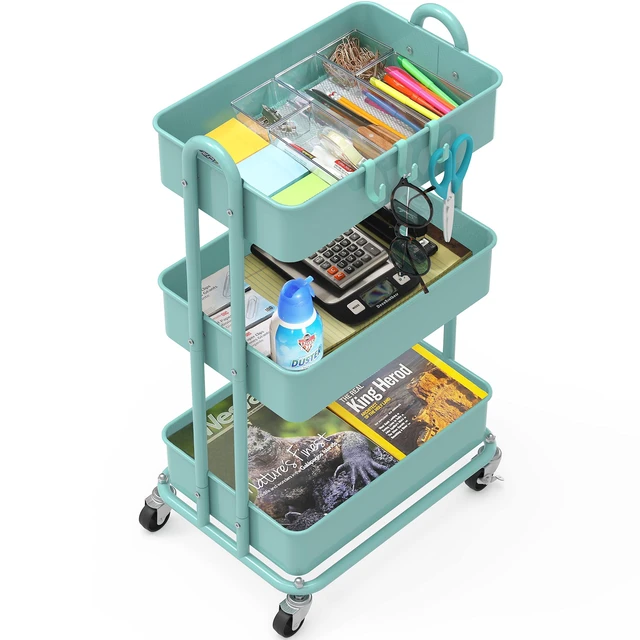 Alt view image 3 of 6 - 3-Tier Heavy Duty Metal Utility Rolling Cart, Turquoise