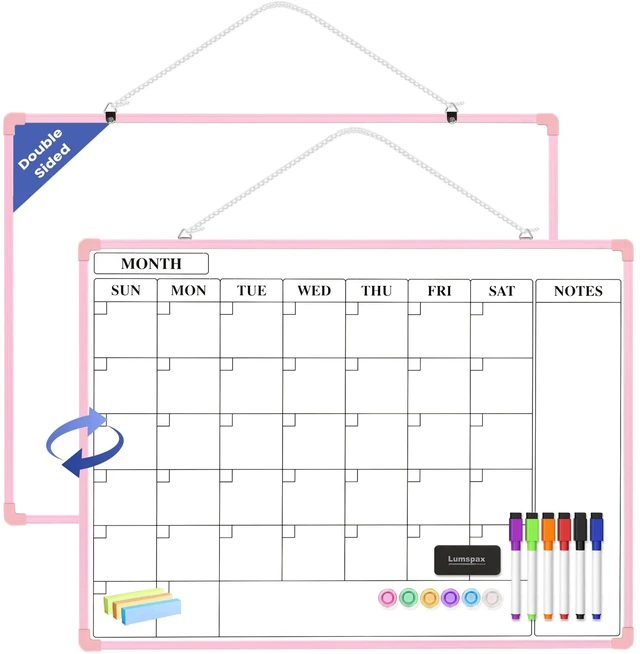 Main image of Monthly Whiteboard Calendar for Wall, 24" x 18" Dry Erase Board with Plastic Frame, Hanging Dry Erase Calendar with 3 Mini Sticky Notes for Kitchen Planner, Memo, Home and Office, Pink