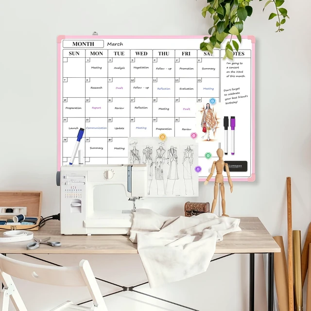 Alt view image 2 of 7 - Monthly Whiteboard Calendar for Wall, 24" x 18" Dry Erase Board with Plastic Frame, Hanging Dry Erase Calendar with 3 Mini Sticky Notes for Kitchen Planner, Memo, Home and Office, Pink