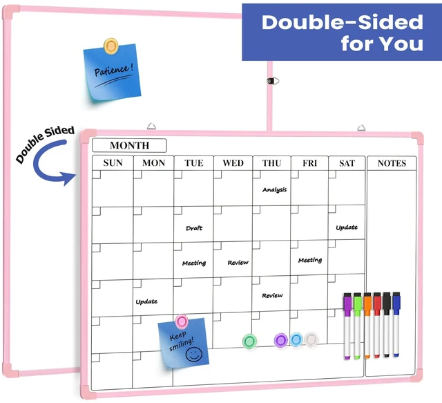 Alt view image 5 of 7 - Monthly Whiteboard Calendar for Wall, 24" x 18" Dry Erase Board with Plastic Frame, Hanging Dry Erase Calendar with 3 Mini Sticky Notes for Kitchen Planner, Memo, Home and Office, Pink