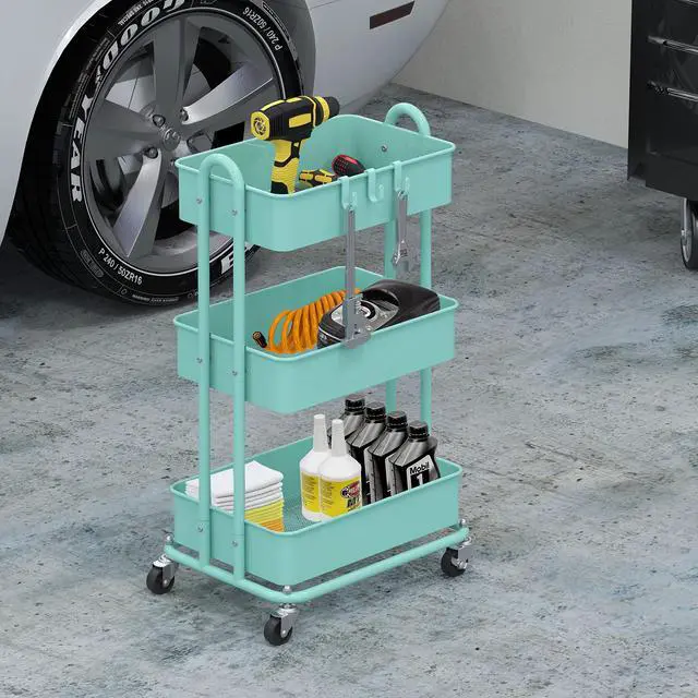 Alt view image 4 of 6 - 3-Tier Heavy Duty Metal Utility Rolling Cart, Turquoise