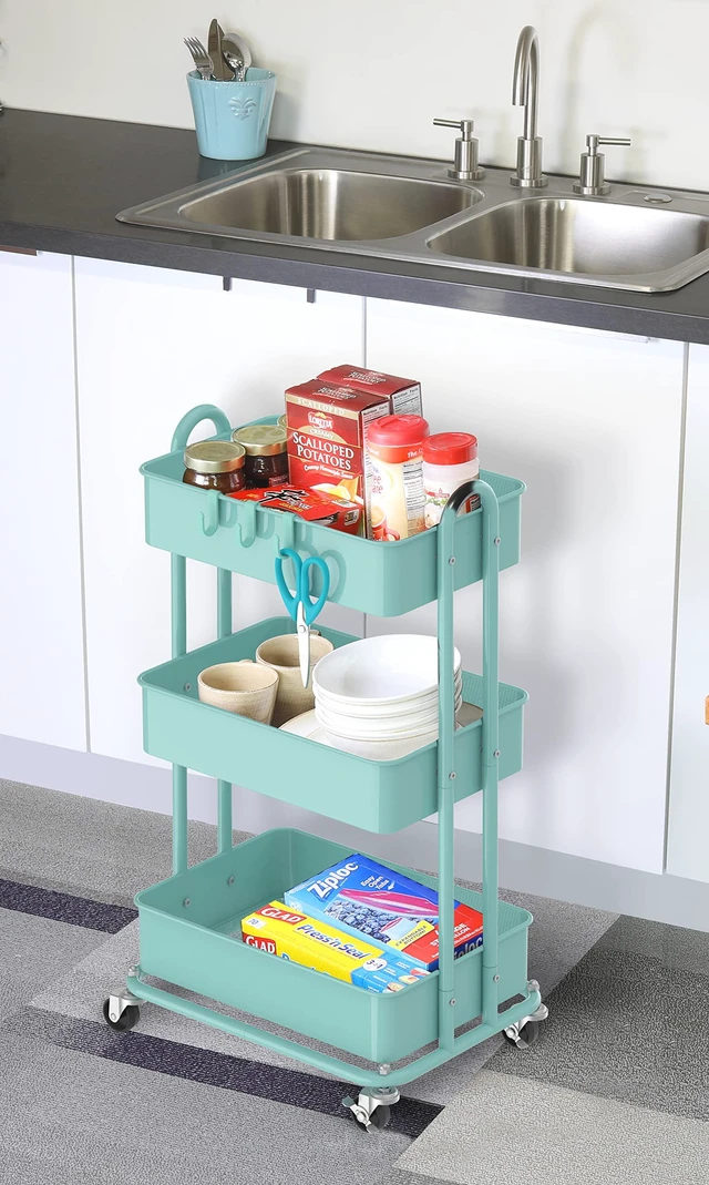 Alt view image 5 of 6 - 3-Tier Heavy Duty Metal Utility Rolling Cart, Turquoise
