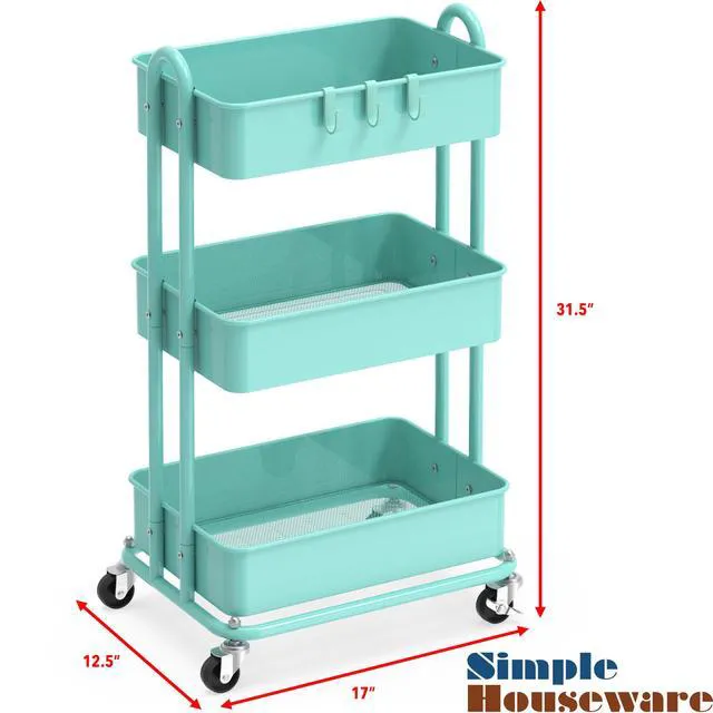 Alt view image 6 of 6 - 3-Tier Heavy Duty Metal Utility Rolling Cart, Turquoise