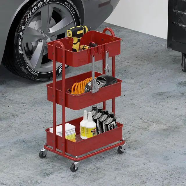 Alt view image 4 of 6 - 3-Tier Heavy Duty Metal Utility Rolling Cart, Red