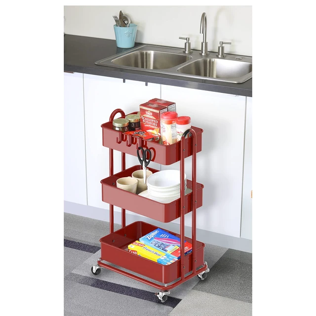Alt view image 5 of 6 - 3-Tier Heavy Duty Metal Utility Rolling Cart, Red