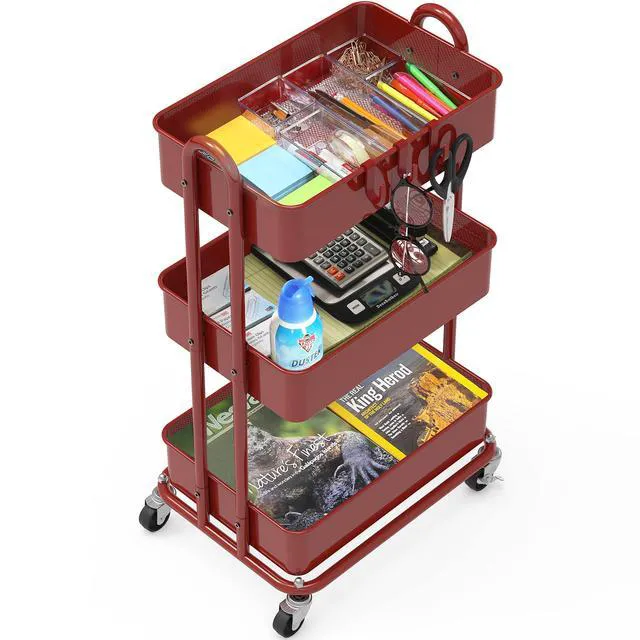Alt view image 3 of 6 - 3-Tier Heavy Duty Metal Utility Rolling Cart, Red