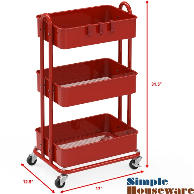 Alt view image 6 of 6 - 3-Tier Heavy Duty Metal Utility Rolling Cart, Red
