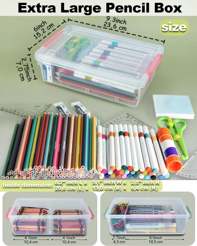 Alt view image 2 of 7 - 12 Pack Extra Large Pencil Box with Removable Divider, Thickened Pencil Case Bulk, Clear Crayon Marker Organizer Stackable Plastic Small Storage Containers for Pen Craft School Supplies, Multi