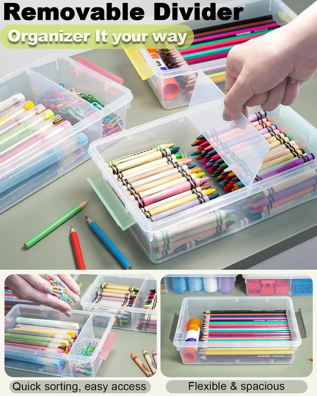 Alt view image 3 of 7 - 12 Pack Extra Large Pencil Box with Removable Divider, Thickened Pencil Case Bulk, Clear Crayon Marker Organizer Stackable Plastic Small Storage Containers for Pen Craft School Supplies, Multi