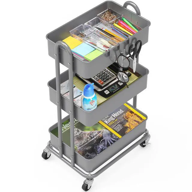 Alt view image 3 of 6 - 3-Tier Heavy Duty Metal Utility Rolling Cart, Silver