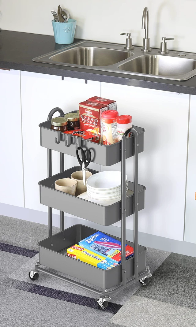 Alt view image 5 of 6 - 3-Tier Heavy Duty Metal Utility Rolling Cart, Silver