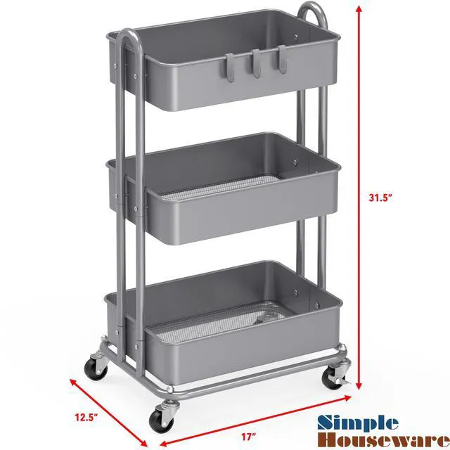Alt view image 6 of 6 - 3-Tier Heavy Duty Metal Utility Rolling Cart, Silver