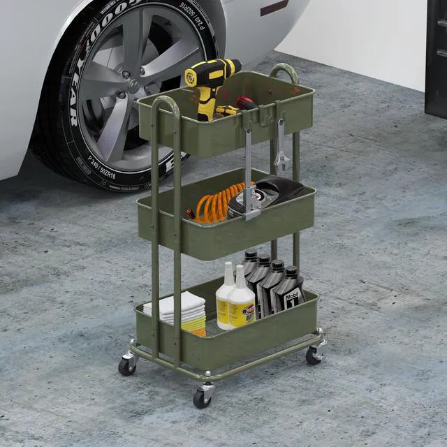 Alt view image 2 of 7 - 3-Tier Heavy Duty Metal Utility Rolling Cart, Army Green