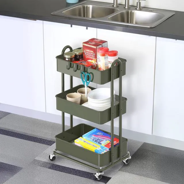 Alt view image 5 of 7 - 3-Tier Heavy Duty Metal Utility Rolling Cart, Army Green