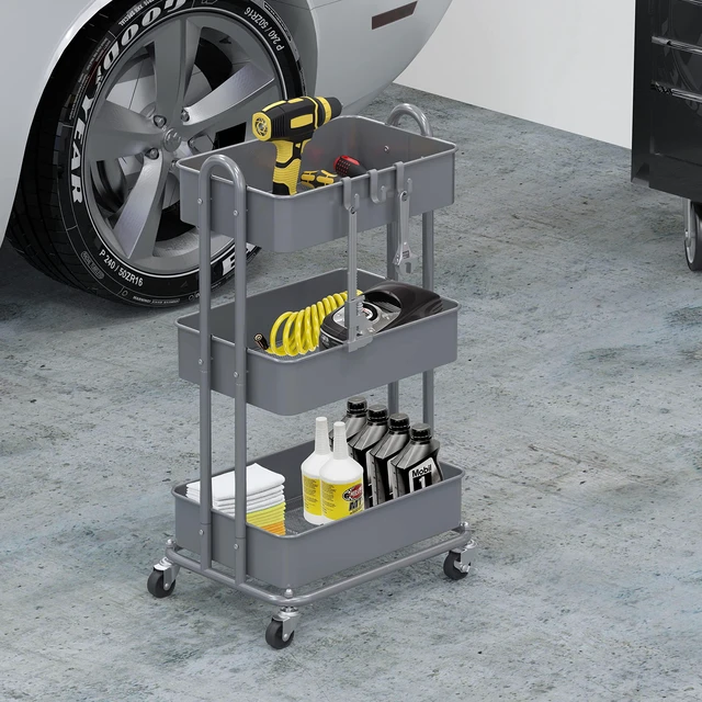 Alt view image 4 of 6 - 3-Tier Heavy Duty Metal Utility Rolling Cart, Silver
