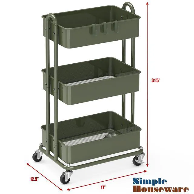 Alt view image 3 of 7 - 3-Tier Heavy Duty Metal Utility Rolling Cart, Army Green