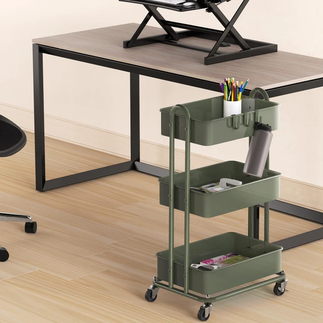 Alt view image 4 of 7 - 3-Tier Heavy Duty Metal Utility Rolling Cart, Army Green