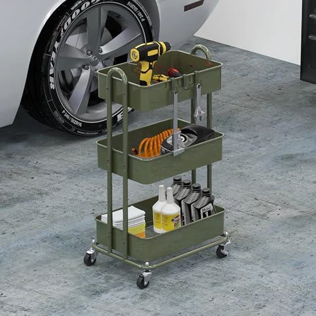 Alt view image 7 of 7 - 3-Tier Heavy Duty Metal Utility Rolling Cart, Army Green