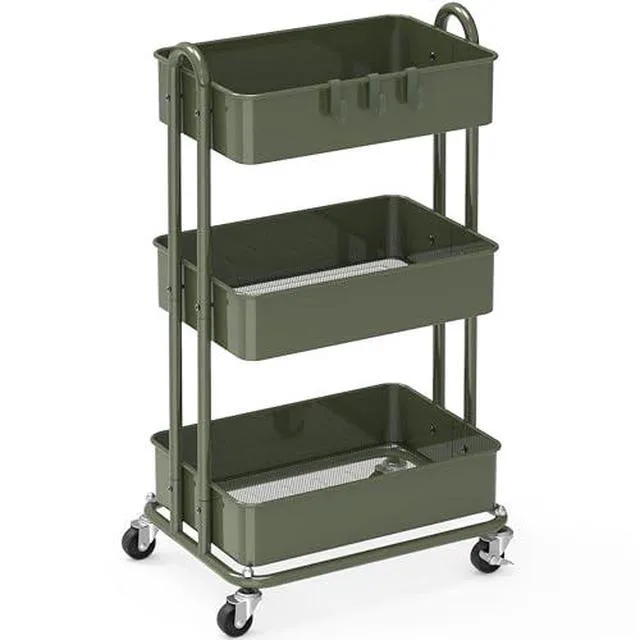 Alt view image 6 of 7 - 3-Tier Heavy Duty Metal Utility Rolling Cart, Army Green
