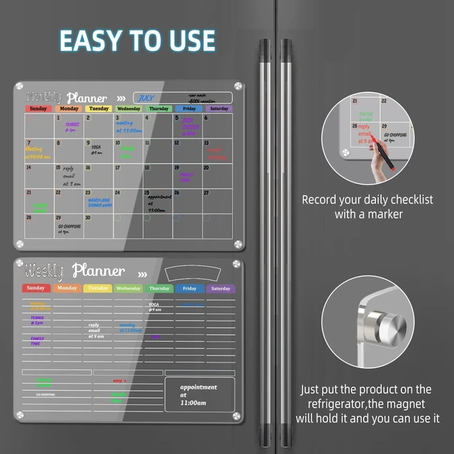 Alt view image 3 of 7 - 3-Pack Acrylic Magnetic Dry Erase Calendar Whiteboard Set Organize Your Refrigerator, Wall, or Fridge with Monthly, Weekly, and Daily Planners, Includes 8 Markers, Large Eraser, and Cloth