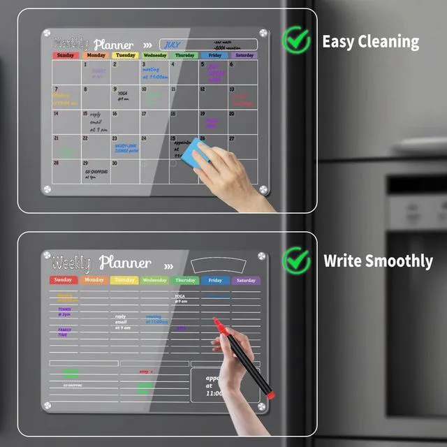 Alt view image 4 of 7 - 3-Pack Acrylic Magnetic Dry Erase Calendar Whiteboard Set Organize Your Refrigerator, Wall, or Fridge with Monthly, Weekly, and Daily Planners, Includes 8 Markers, Large Eraser, and Cloth