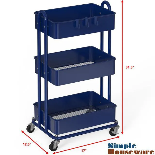 Alt view image 2 of 6 - 3-Tier Heavy Duty Metal Utility Rolling Cart, Navy