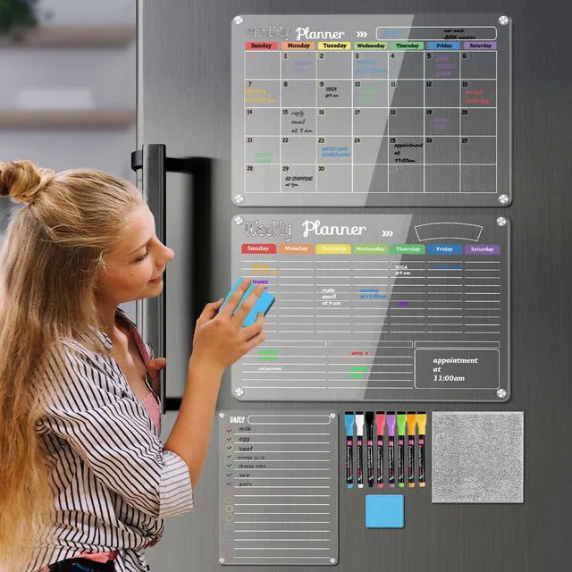 Alt view image 6 of 7 - 3-Pack Acrylic Magnetic Dry Erase Calendar Whiteboard Set Organize Your Refrigerator, Wall, or Fridge with Monthly, Weekly, and Daily Planners, Includes 8 Markers, Large Eraser, and Cloth