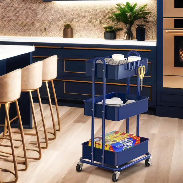 Alt view image 4 of 6 - 3-Tier Heavy Duty Metal Utility Rolling Cart, Navy