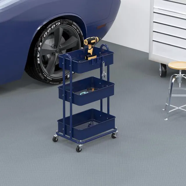 Alt view image 6 of 6 - 3-Tier Heavy Duty Metal Utility Rolling Cart, Navy