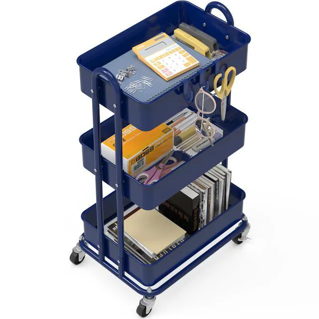 Alt view image 5 of 6 - 3-Tier Heavy Duty Metal Utility Rolling Cart, Navy