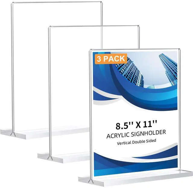 Main image of 3 Pack Acrylic Sign Holder 8.5 x 11, Double-Sided Clear Sign Holder Plastic Stands for Display, T Shape Acrylic Table Sign Stands for Office Store Restaurants Wedding Party Decoration