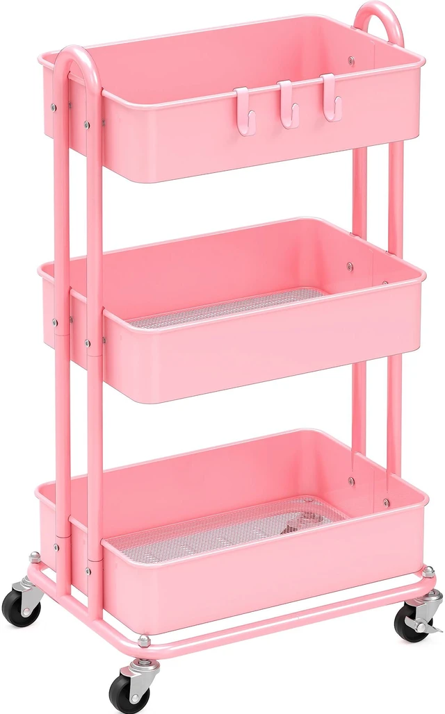 Main image of 3-Tier Heavy Duty Metal Utility Rolling Cart, Pink