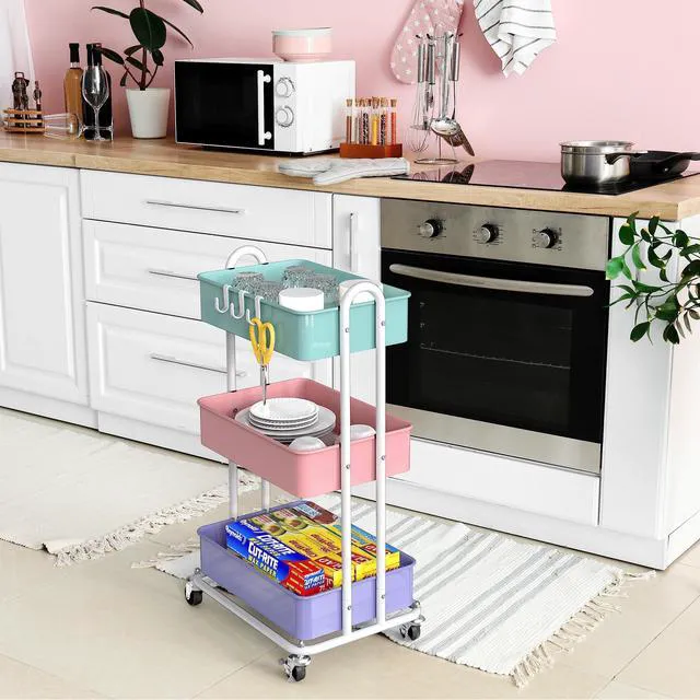 Alt view image 4 of 5 - 3-Tier Heavy Duty Metal Utility Rolling Cart, Multicolor