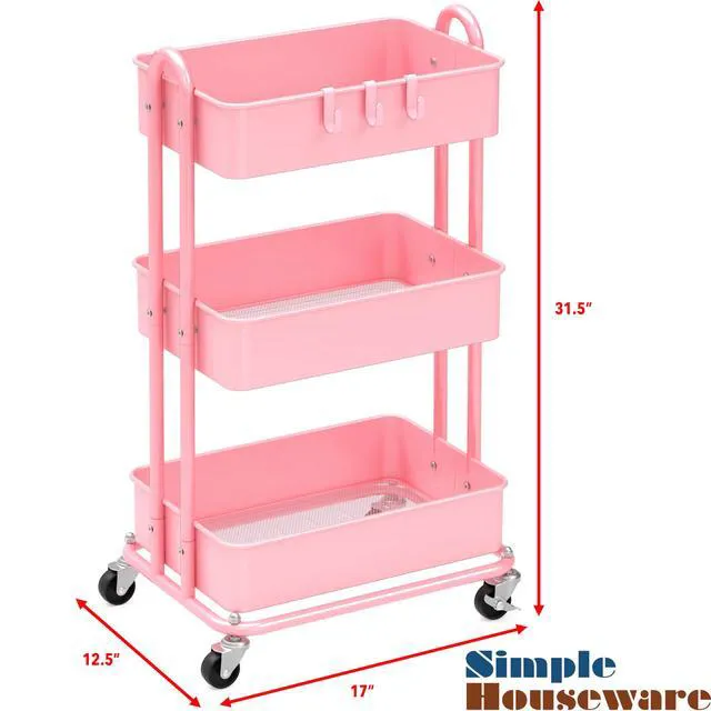 Alt view image 6 of 6 - 3-Tier Heavy Duty Metal Utility Rolling Cart, Pink