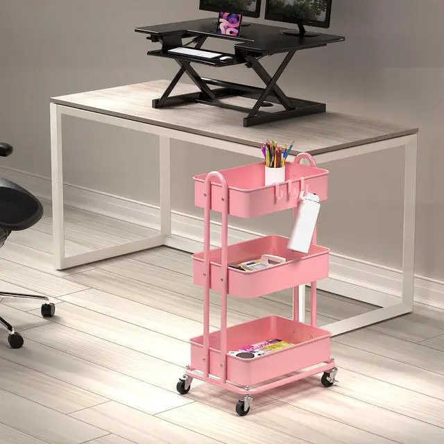 Alt view image 2 of 6 - 3-Tier Heavy Duty Metal Utility Rolling Cart, Pink