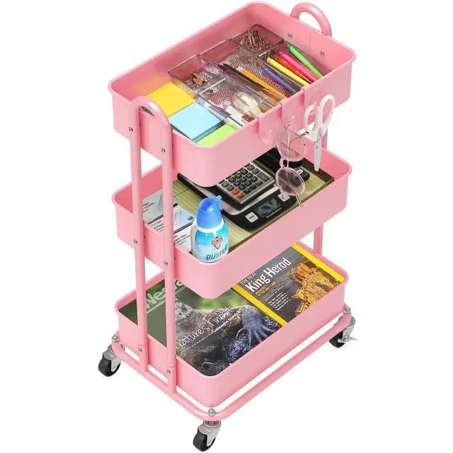 Alt view image 3 of 6 - 3-Tier Heavy Duty Metal Utility Rolling Cart, Pink