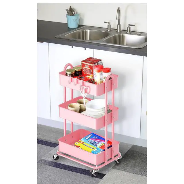 Alt view image 5 of 6 - 3-Tier Heavy Duty Metal Utility Rolling Cart, Pink
